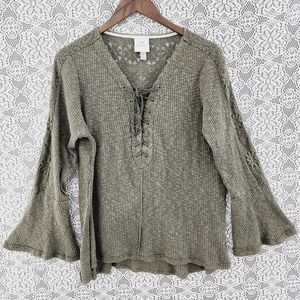 Knox Rose embroidered bell sleeve lace up knit top women's XL